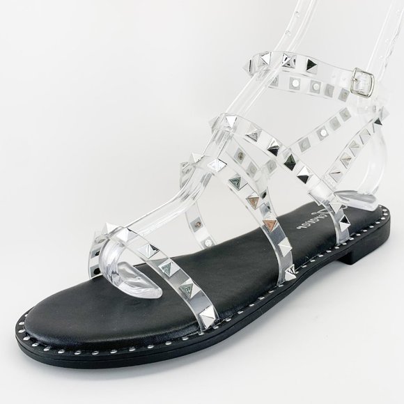 NEW Transparent Clear Studded Ankle Strap Cage Gladiator Flat Sandals Open Toe - Picture 4 of 6